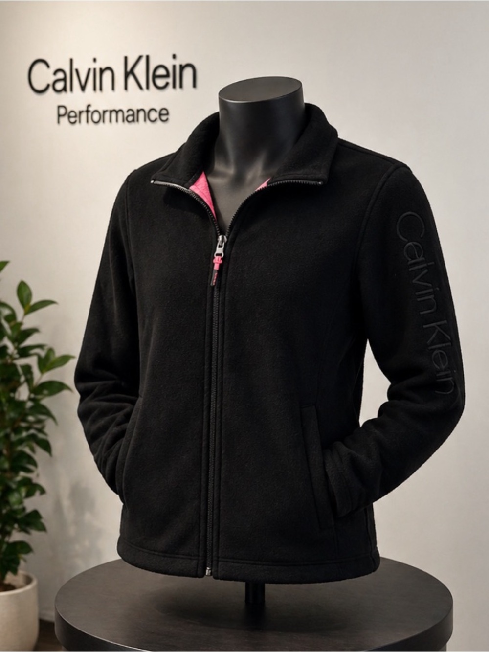Calvin Klein Performance Black Fleece Zip Jacket Women’s Logo Sleeve Cozy